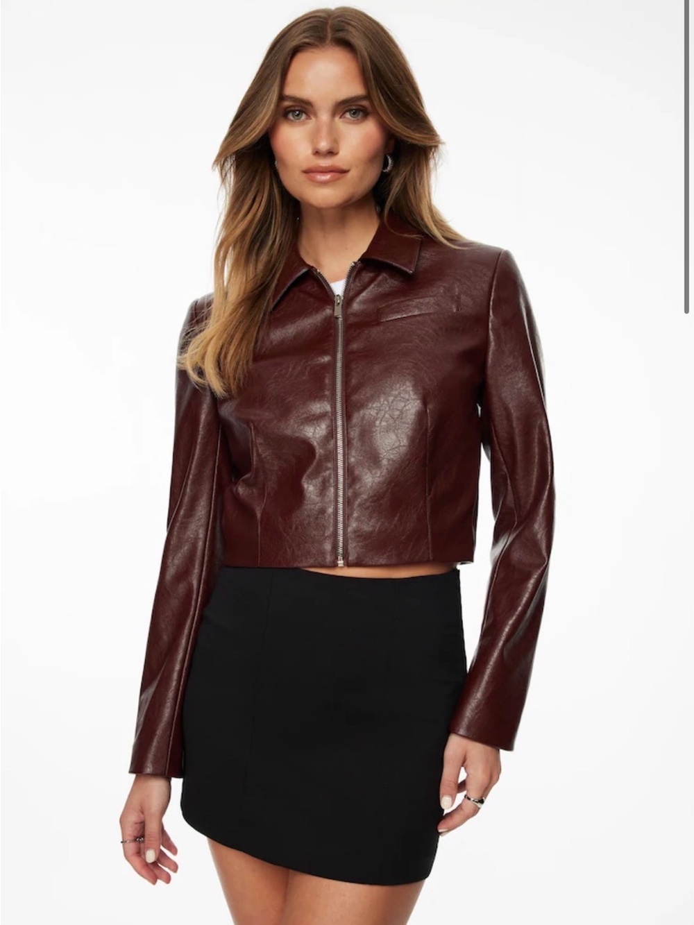Dynamite Burgundy Faux Leather Zip-Front Jacket